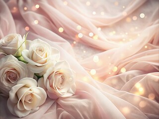 Fototapeta premium Surreal Wedding Background Featuring Flowing Pink Fabric and Elegant White Roses, Perfect for Romantic Celebrations and Invitations with Ample Copy Space