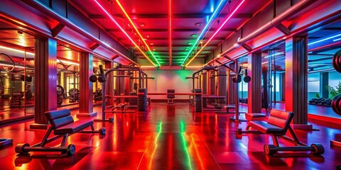 Symmetrical Gym Interior with Intense Red and Rainbow LED Lighting, Showcasing Organized Weightlifting Equipment and Reflective Mirrors for a Dynamic Workout Atmosphere