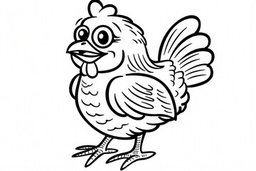 Fototapeta premium A cheerful cartoon chicken with oversized eyes and a playful expression, designed in a simple black and white illustration style.