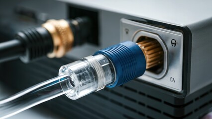 A fibre optic connector. The connector has a blue body and a clear glass fibre