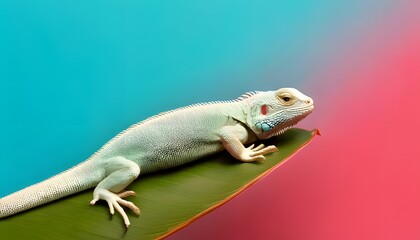 Fototapeta premium Lizard basking on leaf, bold colors, textured skin detail, 3D illustration.