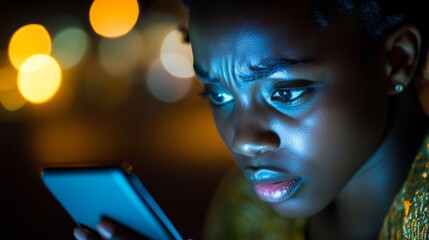 Person looking at phone screen, worried expression generative ai