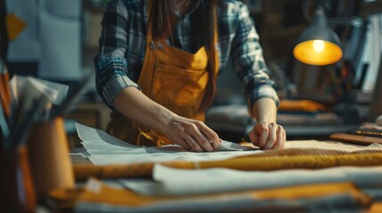 Hands of attractive female fashion designer fashionista working in home office workshop,
