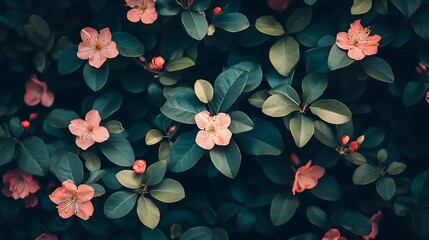 A close-up view of delicate pink flowers among lush green leaves, creating a serene and natural atmosphere.