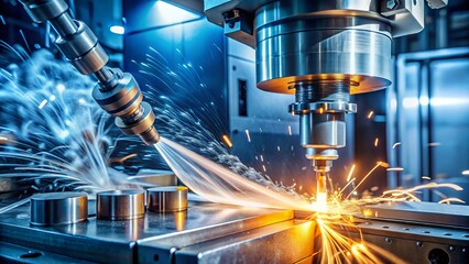 Long Exposure of CNC Lathe Milling Machine Cutting Plastic with Coolant in Industrial Metalworking Process Showcasing Precision and Efficiency in Automated Manufacturing