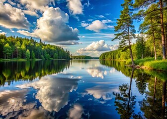 Fototapeta premium Tranquil Forested Lake in Karelia, Russia - Scenic Views of Lush Greenery, Tall Trees, and a Clear Blue Sky with Scattered Clouds for Nature Lovers and Travel Enthusiasts