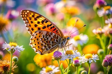 Obraz premium a butterfly is sitting on a flower with the sun behind it