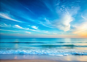 Obraz premium Tranquil Minimalist Seascape with Light Blue and White Gradients, Seamlessly Blended Horizon, Soft Waves Enhancing Serenity, Ideal for Relaxation and Contemplation