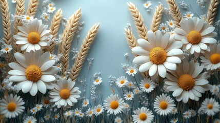 A highly detailed outline of tall wheat stalks encircled by blooming daisies.