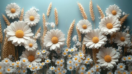 An outline of tall wheat stalks encircled by blooming daisies.
