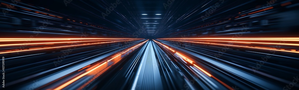Poster A dynamic, abstract image showcasing bright, streaking lights merging in a dark, futuristic corridor, suggesting speed and technology.