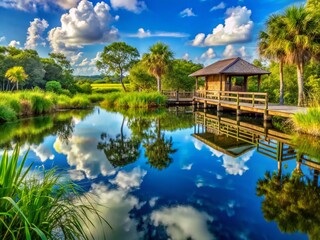 Obraz premium Tranquil Wetlands at Green Cay Nature Center Showcasing Lush Vegetation with Serene Water Reflections in a Picturesque Landscape Ideal for Nature Lovers and Photographers