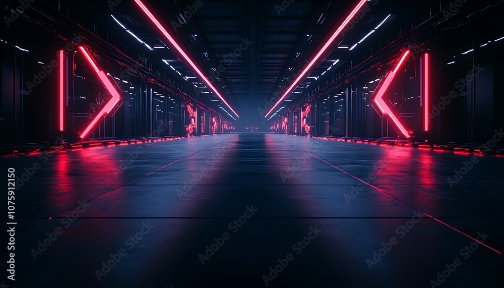 Poster a futuristic, illuminated corridor with vibrant red neon lights creating a striking, modern atmosphe
