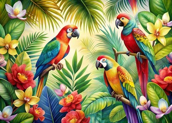 Tropical Paradise Watercolor Painting with Parrots, Orchid Flowers, and Lush Green Leaves for Exotic Decor and Nature Inspiration
