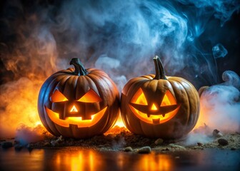 Naklejka premium Two Halloween Pumpkins with Bright Smiles Surrounded by Mist on a Dark Background, Perfect for Capturing the Spirit of the Season with a Touch of Mystery