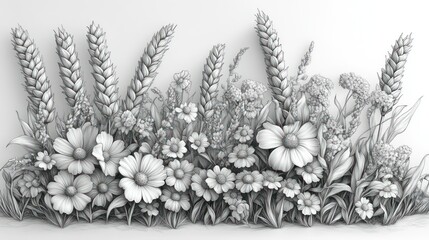 A wheat stalks mixed with blooming wild daisies.