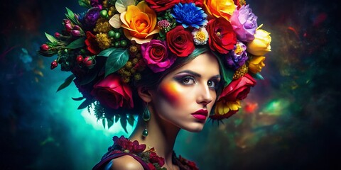 Unique Model Showcases Avant-Garde Fashion with Floral Headpiece in Dimly Lit Studio for Night Photography Enthusiasts