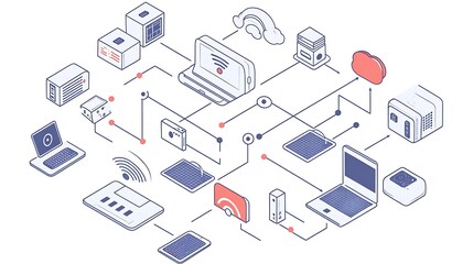 A network diagram showcasing interconnected devices and cloud services, illustrating technology integration.