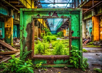 Urban Exploration Photography: Capturing the Beauty of Abandoned Spaces with Green Rectangular Elements in an Urban Environment for Unique and Eye-Catching Visuals