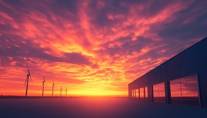 Fototapeta premium A vibrant sunset paints the sky in hues of orange and pink, silhouetting wind turbines and a striped structure on the horizon.