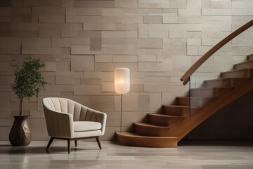 Obraz premium Modern Interior Design with Beige Wall Wooden Stairs and Armchair