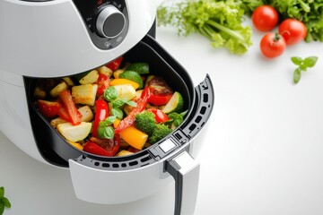 A close-up of an air fryer with a basket full of crispy vegetables, symbolizing healthy eating