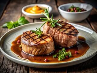 Minimalist Grilled Pork and Beef Fillet with Savory Sauce on a Simple Plate, Capturing the Essence of Culinary Delights in a Clean, Modern Aesthetic