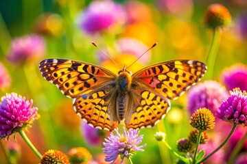 Naklejka premium Leopard Butterfly Close-Up Collecting Nectar on Wild Flowers in Daylight, Vibrant Macro Nature Photography, Delicate Beauty and Tranquility in Blooming Meadow neon color