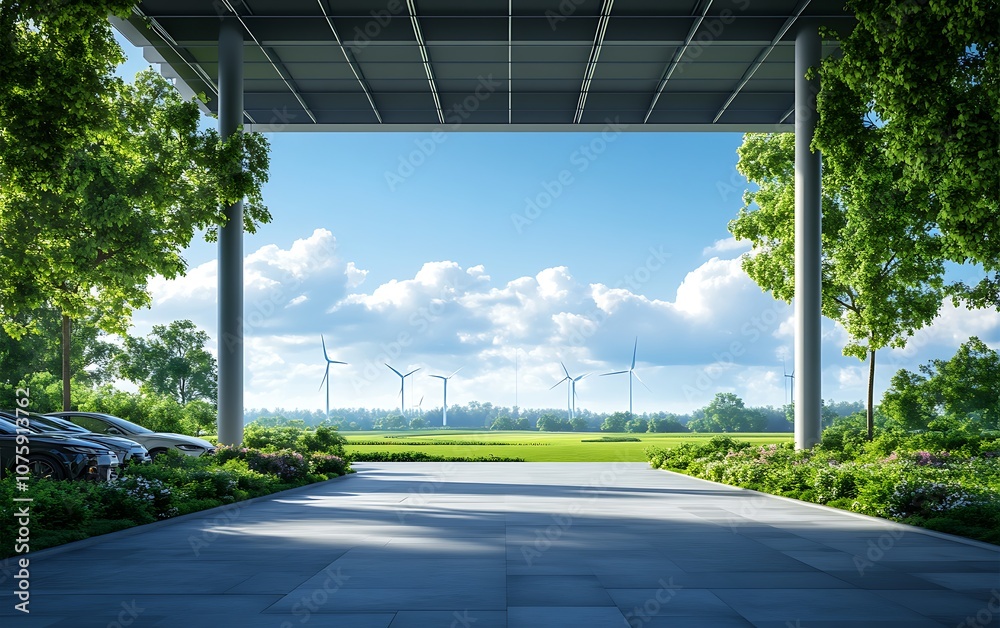 Poster A serene landscape featuring greenery, open skies, and a modern architectural structure creating a welcoming atmosphere.