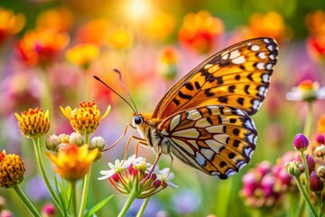 Leopard Butterfly Close-Up Collecting Nectar on Wild Flowers in Daylight, Vibrant Macro Nature Photography, Delicate Beauty and Tranquility in Blooming Meadow neon color