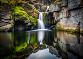 Fototapeta premium Minimalist Scene of Nature's Erosion: Dripping White Substance from Cracked Rock Formations into Murky Pool Surrounded by Moss and Water Droplets, Showcasing Geological Beauty