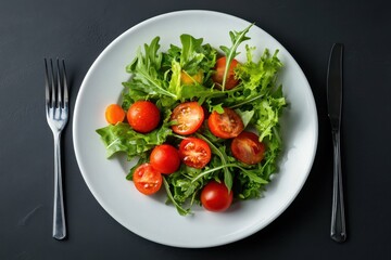 Fresh salad with cherry tomatoes and arugula on white plate.