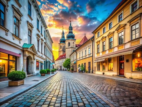 Vertical Wide Angle Shot of Historic Old Town Street in Trnava, Slovakia Featuring Paved Walkway, Capturing the Charm of Urban Architecture and Heritage in a Historic City Center