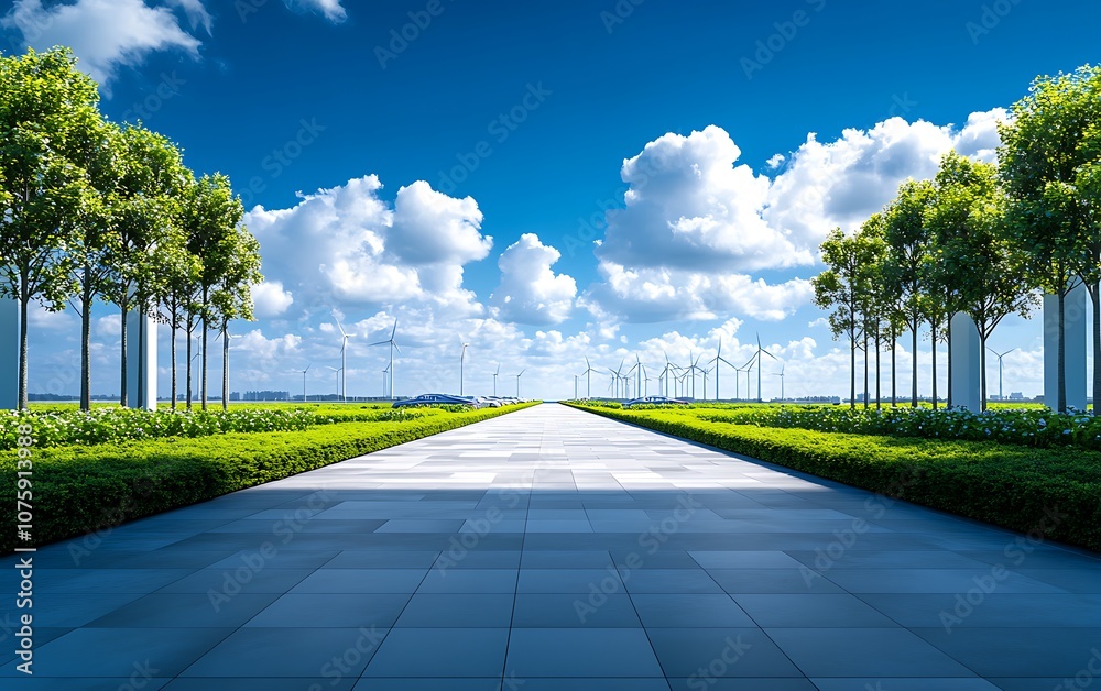 Aufkleber A serene pathway lined with trees leads toward a bright blue sky filled with fluffy clouds, creating a peaceful and inviting outdoor scene.
