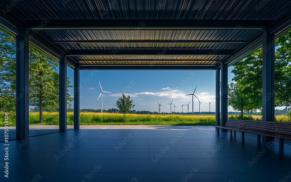 Poster a modern open structure offers a view of lush greenery and wind turbines under a clear blue sky, ble