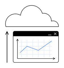 Cloud with upward arrow web, v19 window with line chart. Ideal for data growth, analytics, technology, cloud computing, business strategy, innovation, performance tracking. Line metaphor