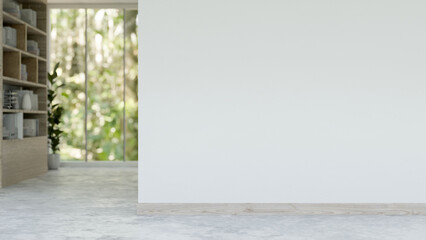 Interior design of a modern minimalist indoor corridor features an empty white wall through a room.
