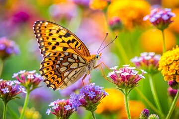 Obraz premium Leopard Butterfly Close-Up Collecting Nectar on Wild Flowers in Daylight, Vibrant Macro Nature Photography, Delicate Beauty and Tranquility in Blooming Meadow neon color