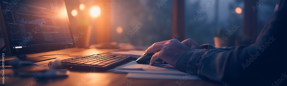 Poster A cozy workspace illuminated by warm lights, featuring a person typing on a keyboard, creating an inviting atmosphere.