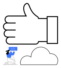 Large thumbs-up symbol with a person holding a code graphic beneath a cloud icon. Ideal for technology, programming, positive feedback, cloud computing, social approval, web development, and digital