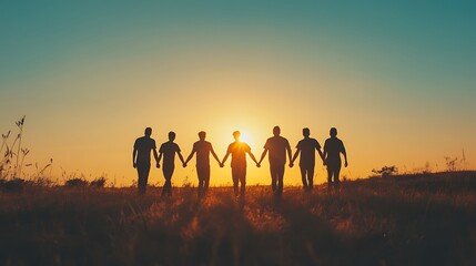Silhouette of a group holding hands at sunset, symbolizing unity and friendship.