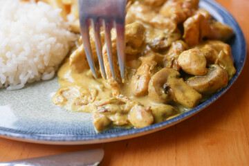 A beautiful dish of chicken with rich mushroom cream sauce and rice, elegantly arranged