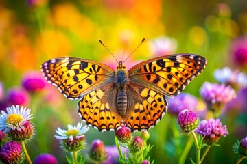 Obraz premium Leopard Butterfly Close-Up Collecting Nectar on Wild Flowers in Daylight, Vibrant Macro Nature Photography, Delicate Beauty and Tranquility in Blooming Meadow neon color