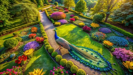 Vibrant Drone Photography of a Colorful Peacock Painting in a Lush Garden Setting, Showcasing Nature's Beauty and Artistic Expression Through Aerial Perspectives © prapatsorn