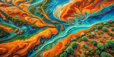 Vibrant Drone Photography of an Orange and Green-Blue Abstract Background with Colorful Swirls and Patterns for Stunning Visual Appeal and Artistic Exploration
