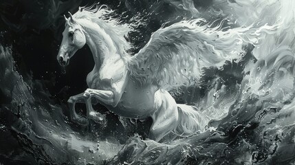 A white, winged horse leaps from a stormy sea, creating a splash of water and a trail of foam.