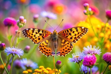 Fototapeta premium Leopard Butterfly Close-Up Collecting Nectar on Wild Flowers in Daylight, Vibrant Macro Nature Photography, Delicate Beauty and Tranquility in Blooming Meadow neon color