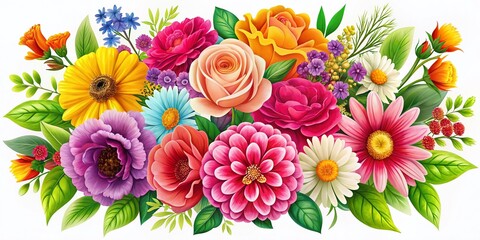 Vibrant Flower Bouquet Illustration on White Background with Flat Design in Top View, Perfect for Garden Theme Animation and Decorative Elements