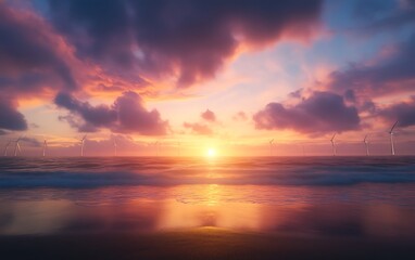 Fototapeta premium A stunning sunset casts vibrant colors over a tranquil ocean, with reflections shimmering on the water and wispy clouds enhancing the serene atmosphere.