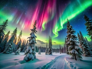 Obraz premium Vibrant Green and Pink Aurora Borealis Illuminating a Snow-Covered Forest Underneath a Starry Night Sky for Stunning Night Photography Enthusiasts